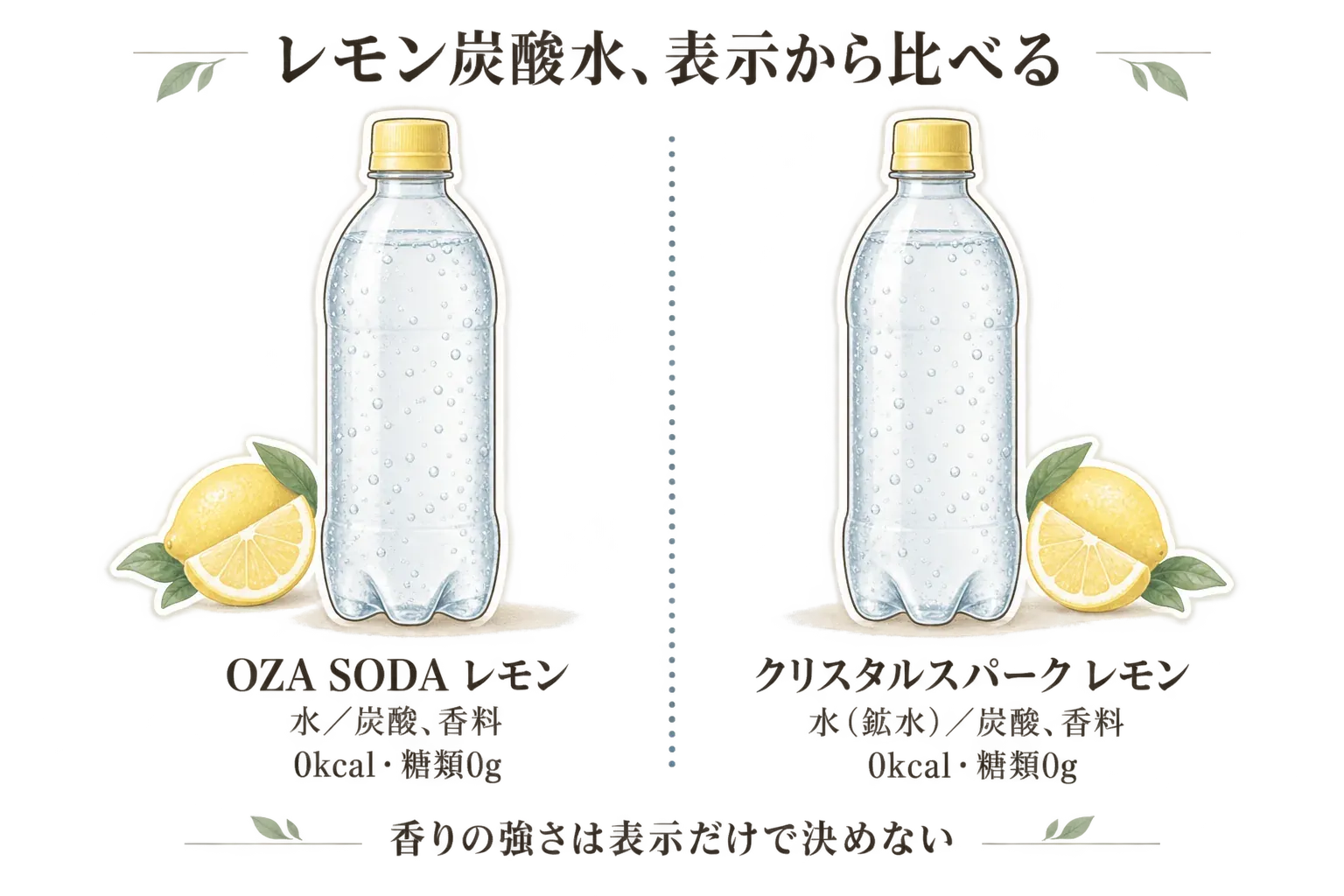 OZA SODA レモンとクリスタルスパーク レモンの表示比較図。OZA SODAは水・炭酸・香料、クリスタルスパークは水（鉱水）・炭酸・香料で、どちらも0kcal・糖類0gと示し、香りの強さは表示だけで決めないよう案内している。出典：記事本文