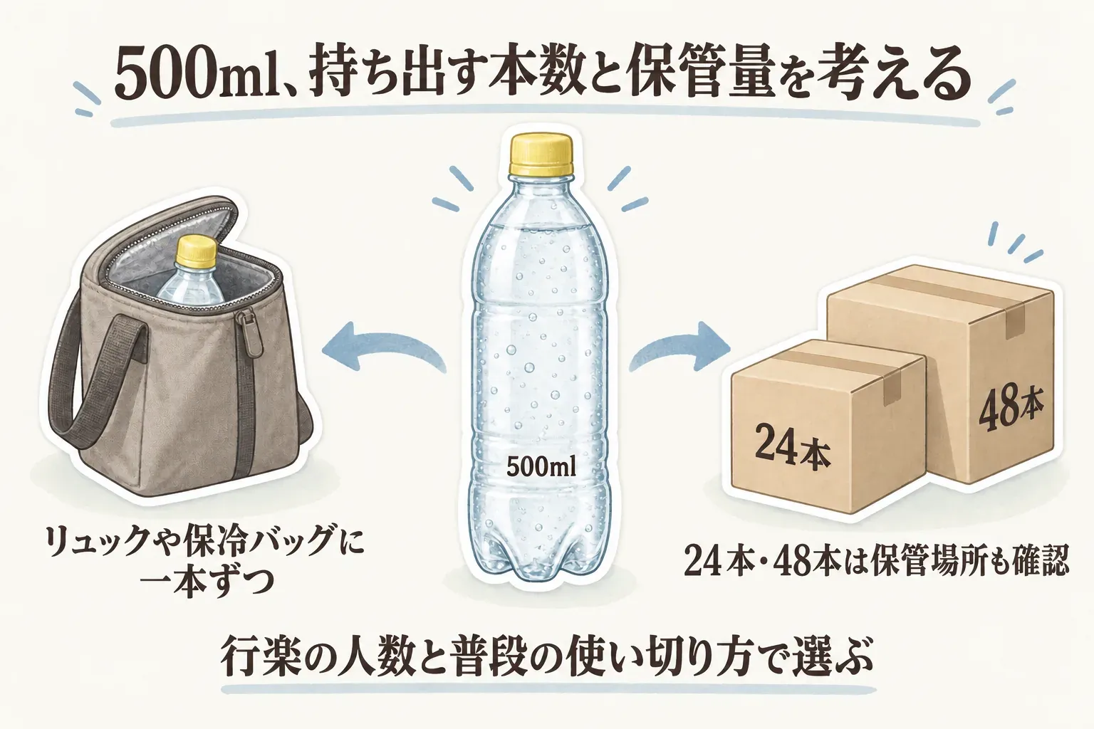 500ml炭酸水の持ち出し本数と保管量を考える図。リュックや保冷バッグには1本ずつ入れ、24本・48本の箱買いでは保管場所も確認し、行楽の人数と普段の使い切り方で選ぶことを示している。出典：記事本文