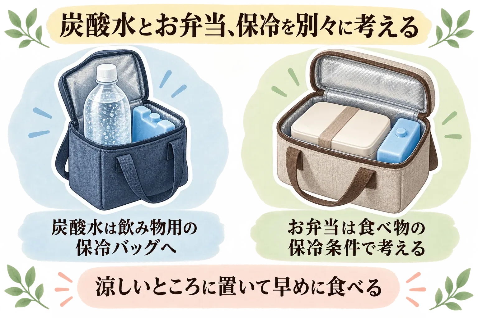 炭酸水とお弁当の保冷を別々に考える図。炭酸水は飲み物用の保冷バッグに入れ、お弁当は食べ物の保冷条件で管理し、涼しいところに置いて早めに食べることを示している。出典：農林水産省 近畿農政局「お弁当作りの食中毒予防ポイント」