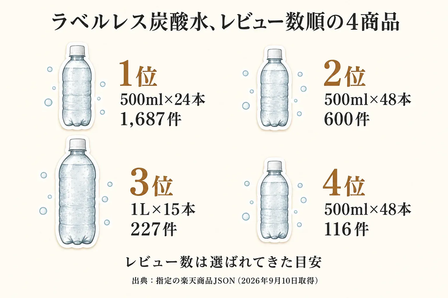 ラベルレス炭酸水4商品のレビュー数順を示す図。1位は500ml×24本・1,687件、2位は500ml×48本・600件、3位は1L×15本・227件、4位は500ml×48本・116件で、出典は2026年9月10日取得の指定楽天商品JSON