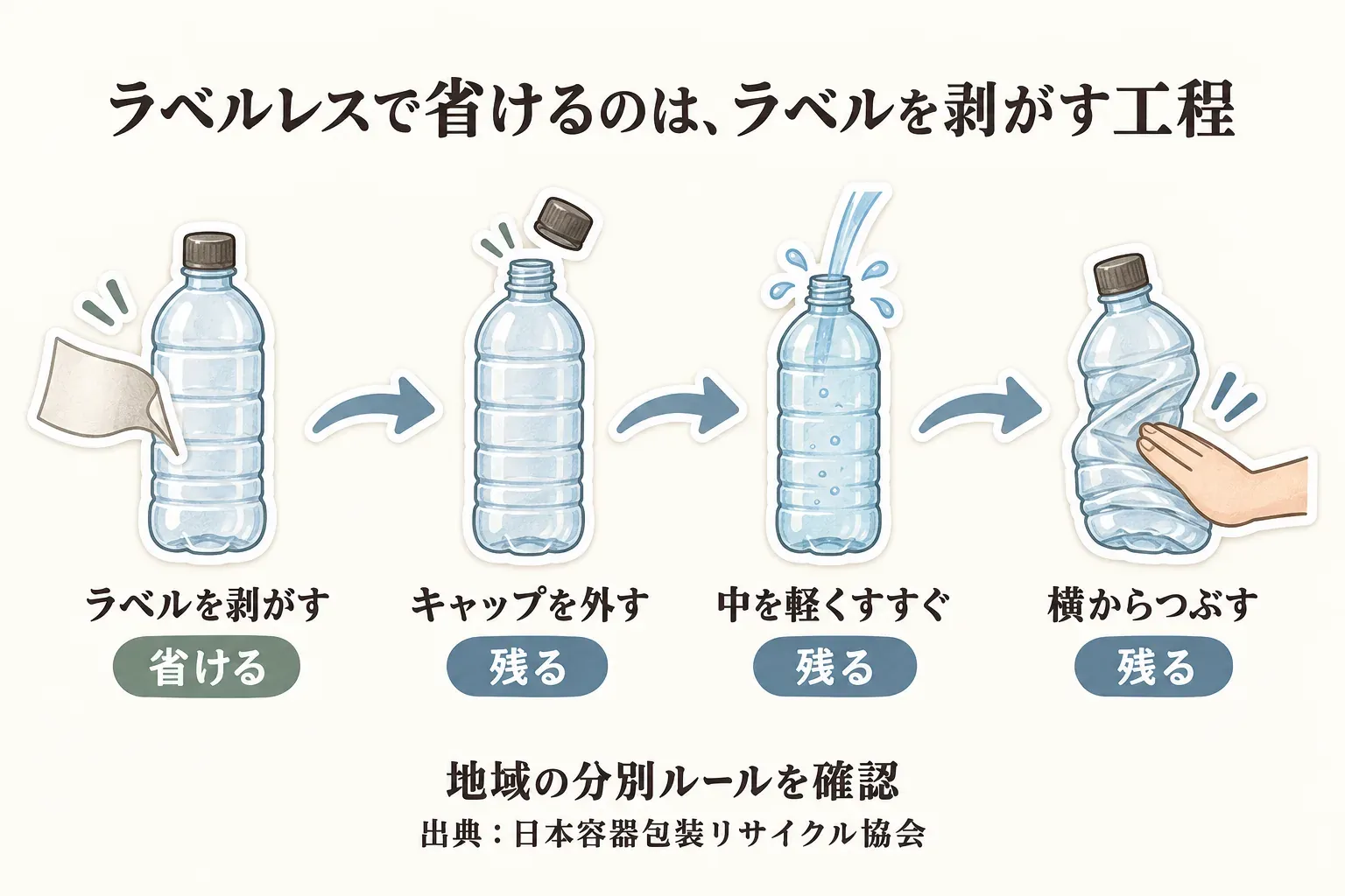 ラベルレスPETボトルの分別手順を示す図。ラベルを剥がす工程は省ける一方、キャップを外す、中を軽くすすぐ、横からつぶす作業は残り、地域の分別ルールを確認するよう案内している。出典：日本容器包装リサイクル協会