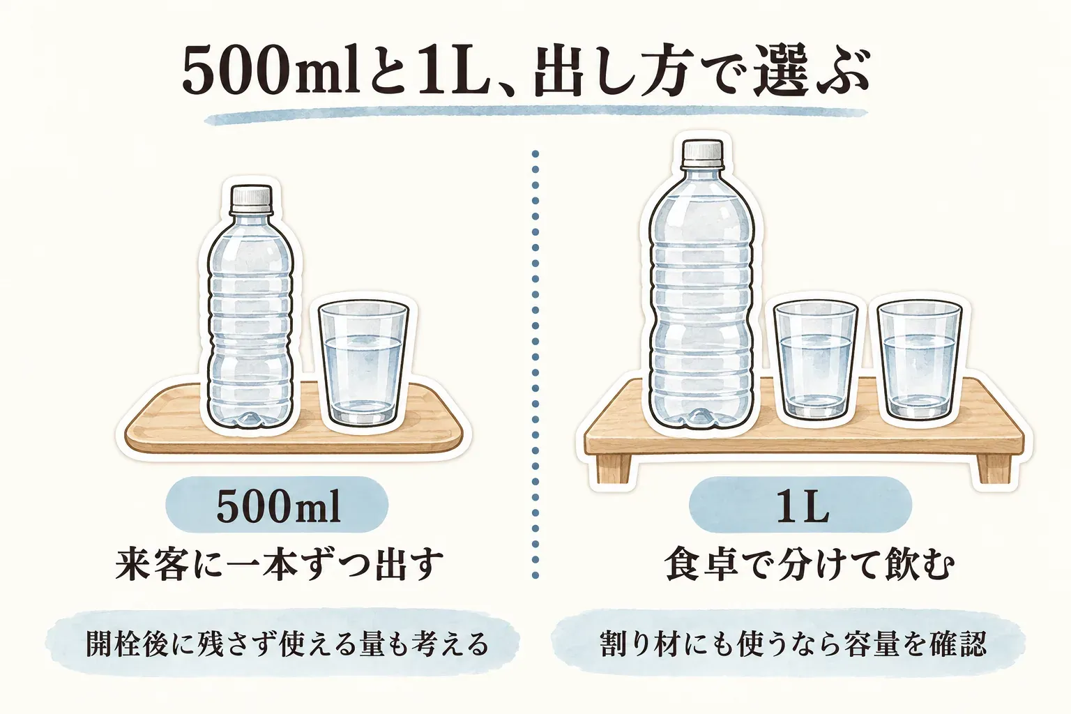 ラベルレス炭酸水の出し方別の容量選びを示す図。500mlは来客に一本ずつ出す、1Lは食卓で分けて飲む用途で、割り材にも使う場合と開栓後に残さず使える量を確認するよう案内している