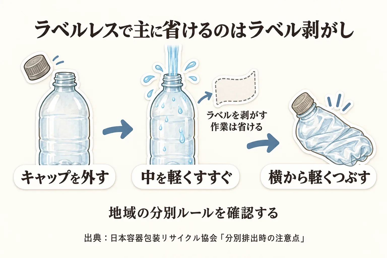 ラベルレスPETボトルでは主にラベル剥がしを省けることと、キャップを外す・中を軽くすすぐ・横から軽くつぶす作業は残ることを矢印で示す図。地域の分別ルールの確認を促している。出典：日本容器包装リサイクル協会「分別排出時の注意点」