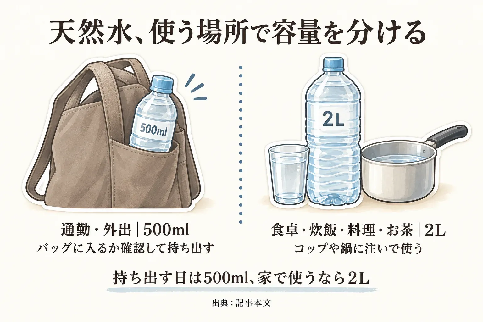 天然水の容量を使う場所で分ける図。バッグに入れた500mlは通勤・外出で持ち出し、2Lは食卓・炊飯・料理・お茶でコップや鍋に注いで使う。持ち出す日は500ml、家で使う日は2L。出典：記事本文