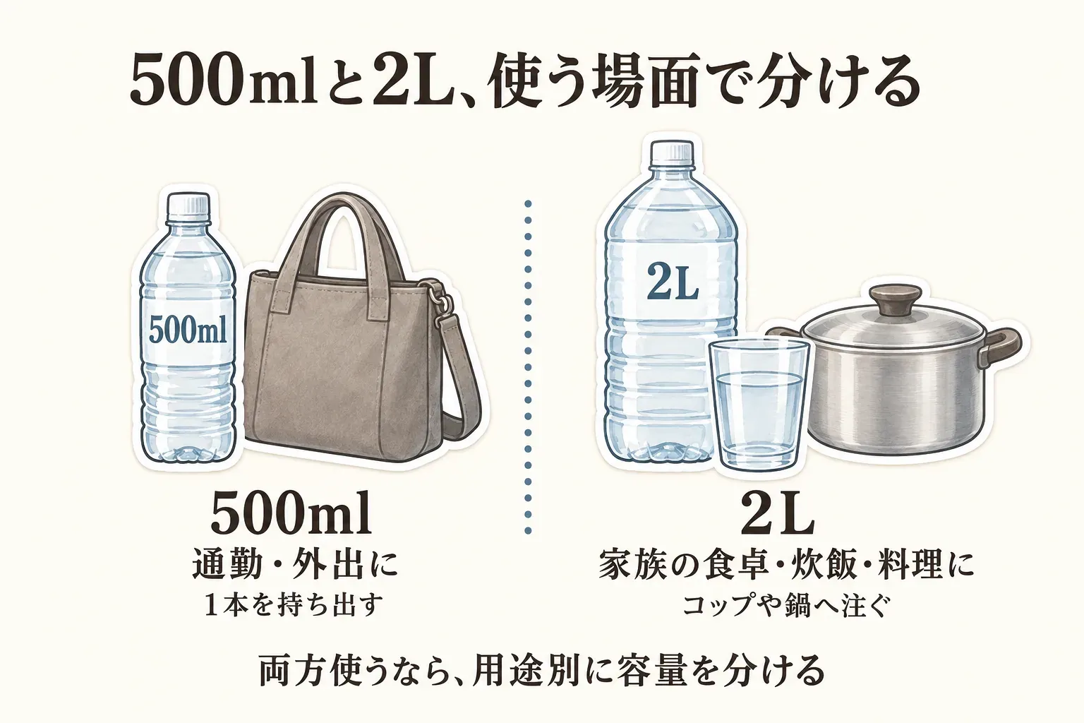 500mlと2Lを使う場面で分ける図。500mlはバッグとともに描かれ、通勤・外出に1本を持ち出す用途、2Lはコップと鍋とともに描かれ、家族の食卓・炊飯・料理に注いで使う用途を示す。両方使う場合は用途別に容量を分ける。