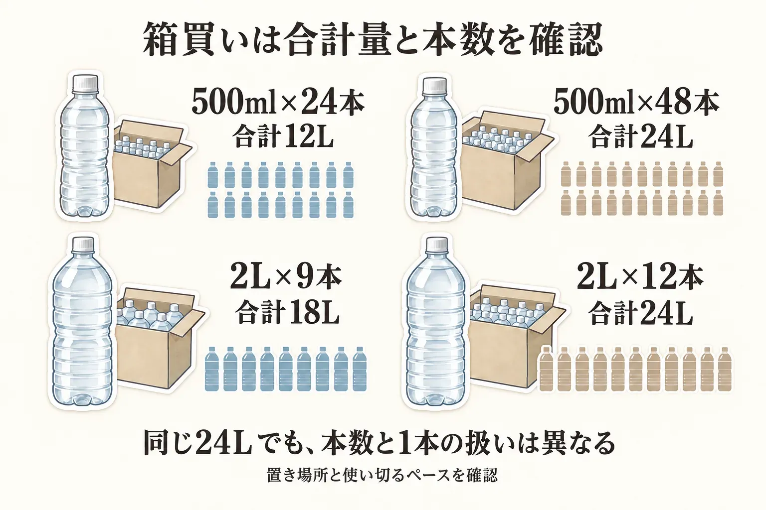 天然水の箱買いで本数と合計量を確認する図。500ml×24本は合計12L、500ml×48本は合計24L、2L×9本は合計18L、2L×12本は合計24L。置き場所と使い切るペースを確認することを示す。出典：記事本文