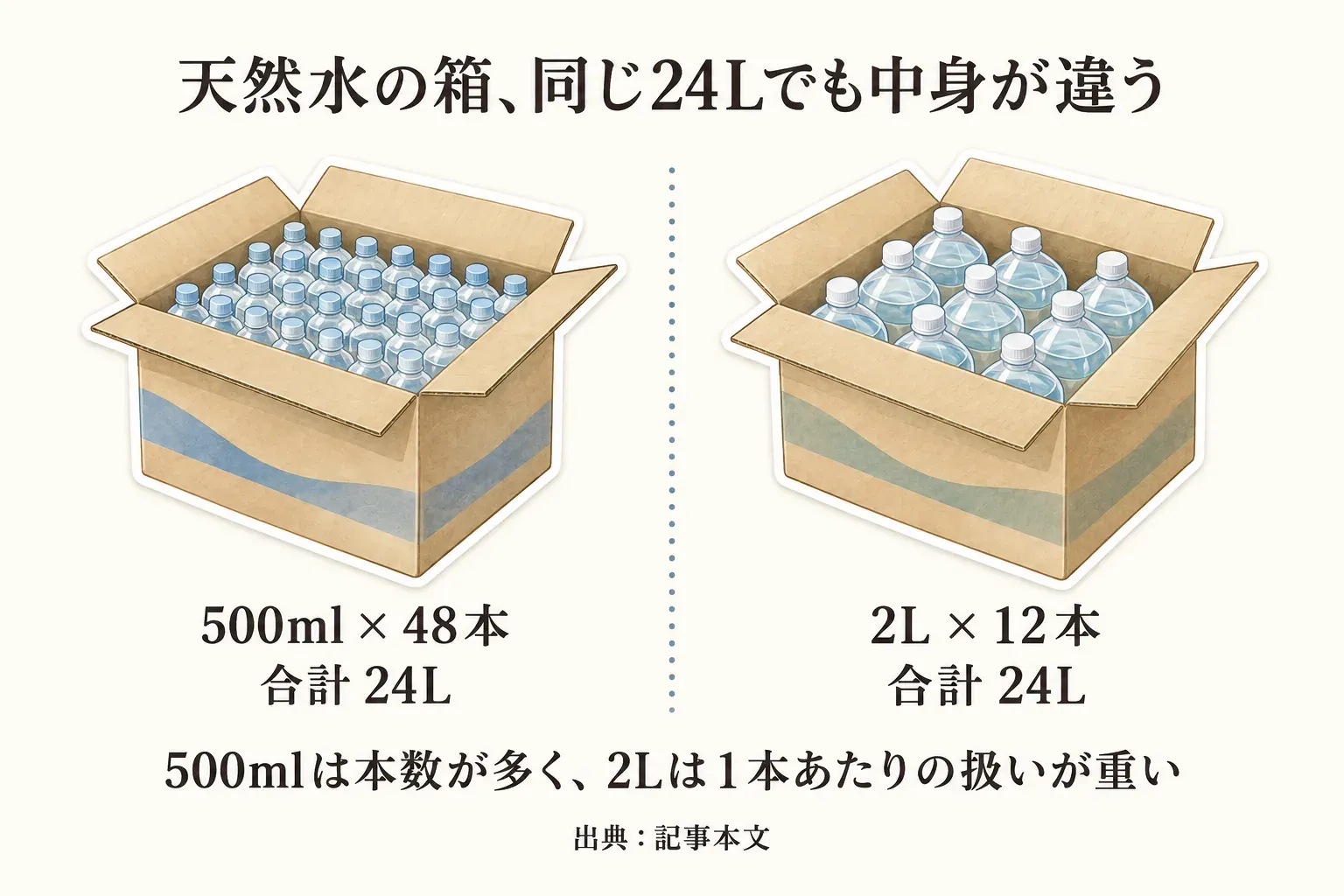 同じ合計24Lでも箱の中身が違うことを示す図。500ml×48本と2L×12本を並べ、500mlは本数が多く、2Lは1本あたりの扱いが重いことを示す。出典：記事本文