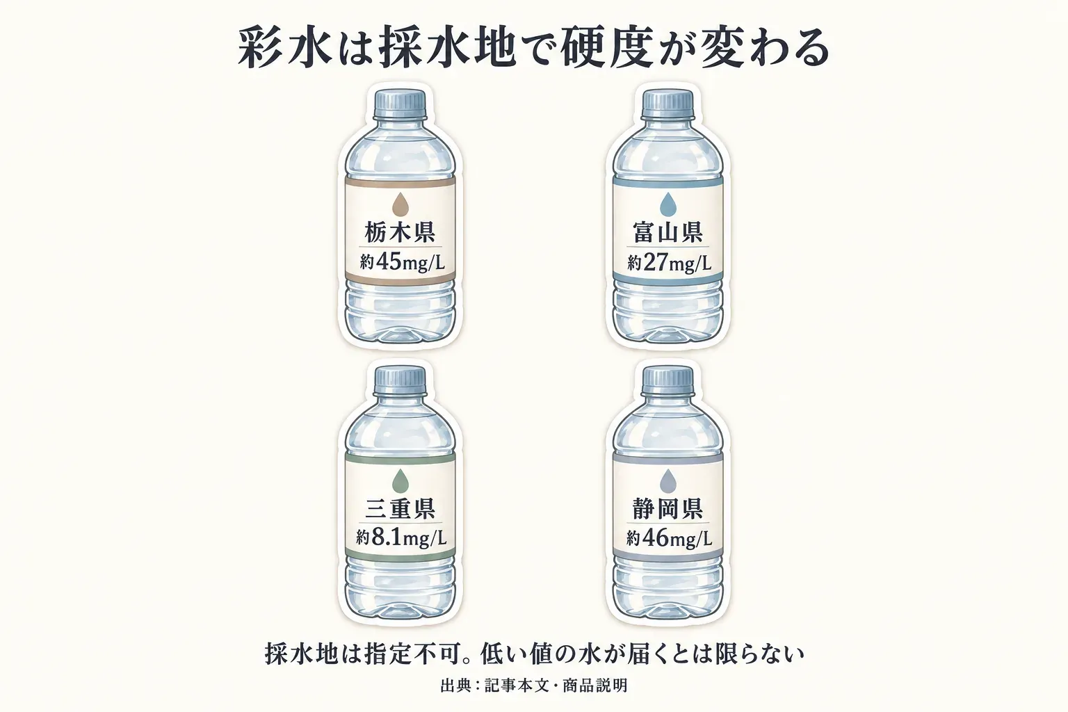彩水は採水地によって硬度が変わることを示す図。栃木県は約45mg/L、富山県は約27mg/L、三重県は約8.1mg/L、静岡県は約46mg/Lで、採水地は指定できず低い値の水が届くとは限らない。出典：記事本文・商品説明