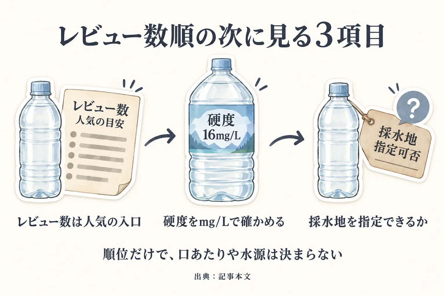 天然水をレビュー数順で選ぶ際の3項目を示す図。レビュー数は人気の入口とし、次に硬度をmg/Lで確認し、採水地を指定できるかを確認する。順位だけでは口あたりや水源は決まらない。出典：記事本文