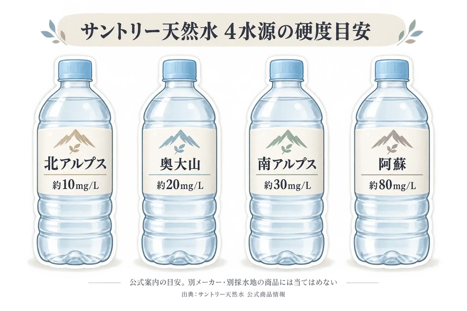 サントリー天然水の4水源の硬度目安を示す図。北アルプス約10mg/L、奥大山約20mg/L、南アルプス約30mg/L、阿蘇約80mg/Lで、硬度は飲み比べの出発点であり味の順位ではないことを説明している。出典：サントリー天然水公式商品情報