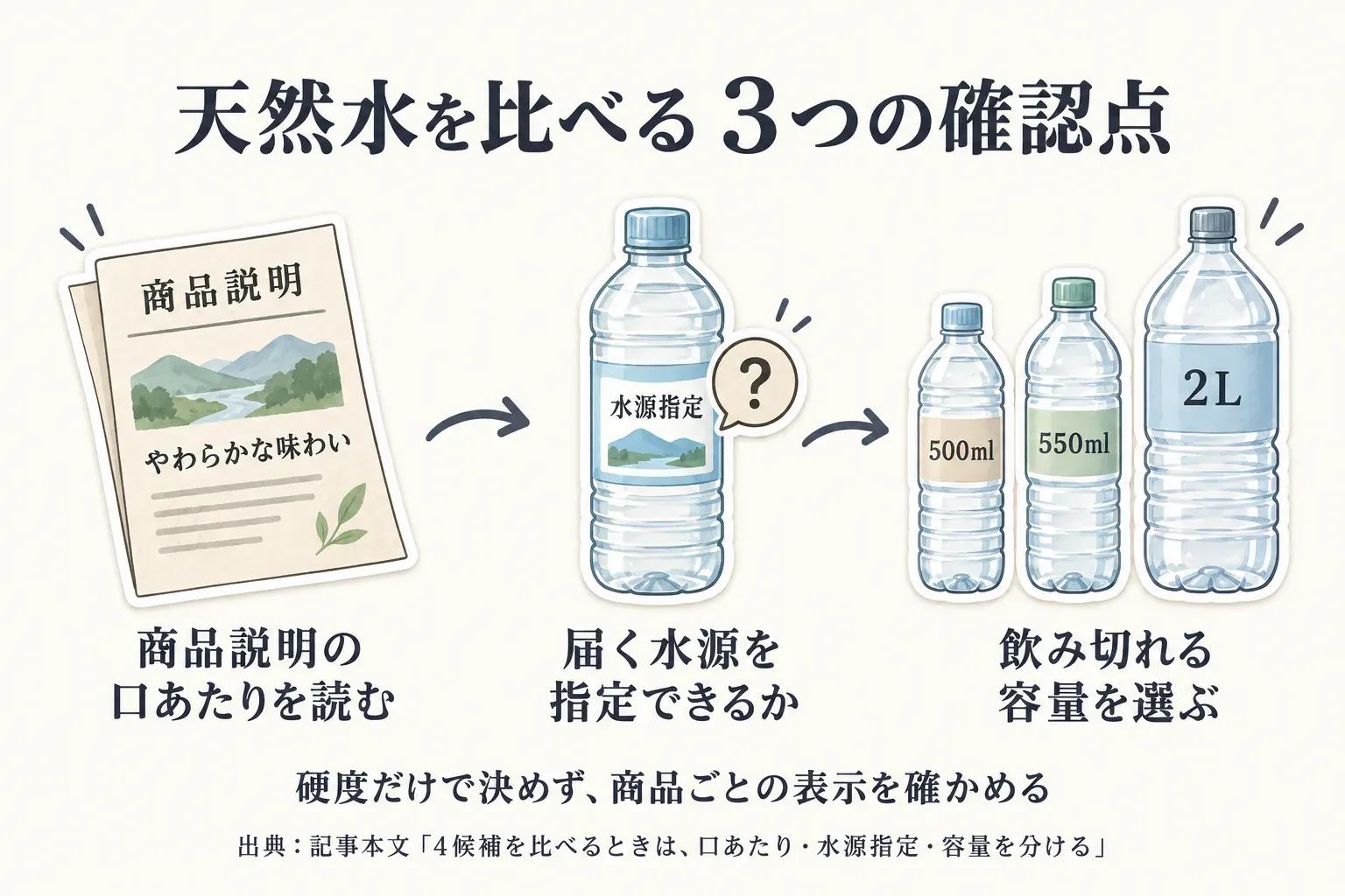 天然水4候補を選ぶ際の3つの確認点を示す図。味の表現が確認できるか、採水地を指定できるか、一度に飲み切れる容量かを分けて確認し、北アルプス・奥大山・南アルプス・4水源商品それぞれの違いを比べる