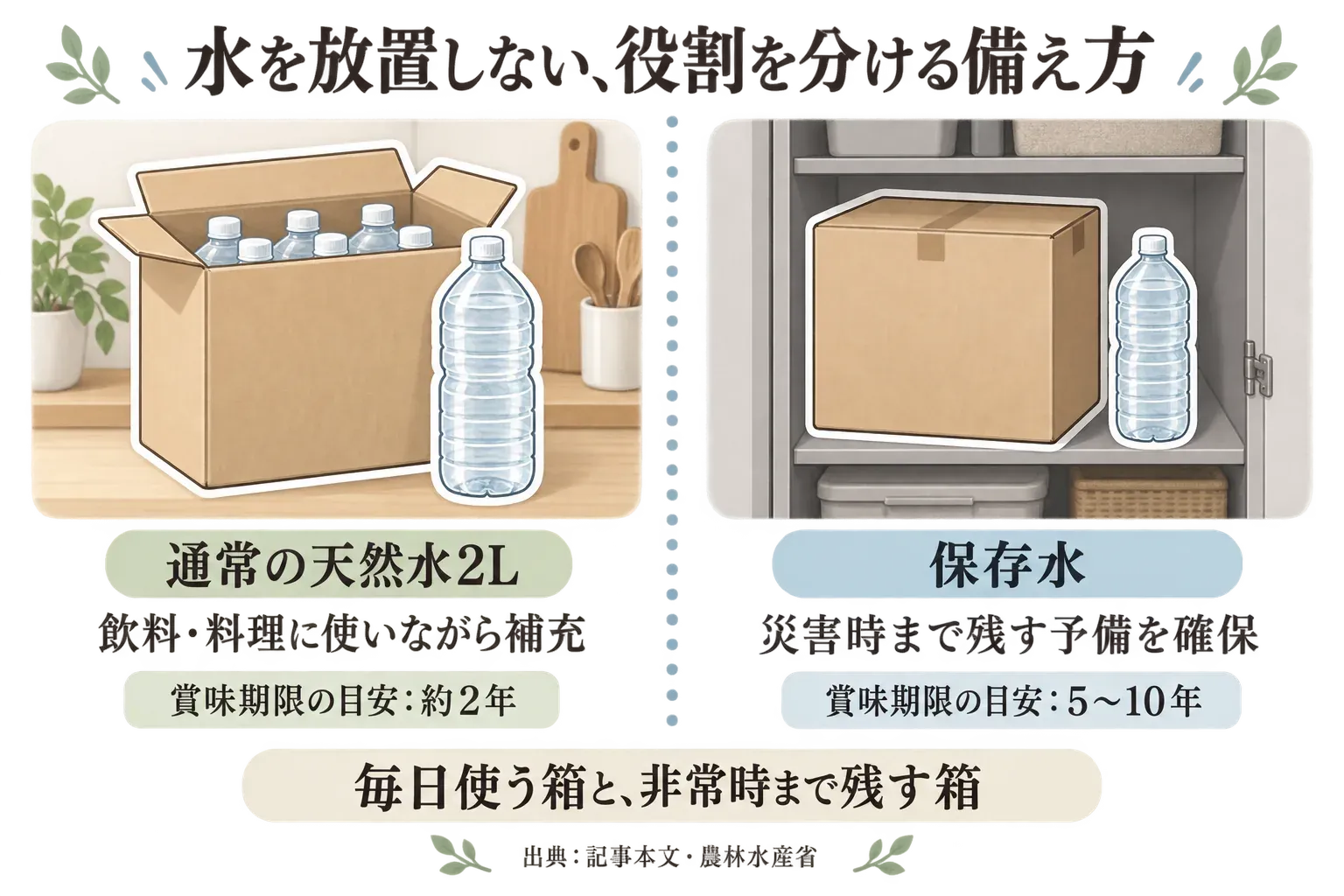 水の役割を二つに分ける図。天然水2Lはキッチンで普段飲みや料理に使い、使った分を補充する。5年・10年保存水は災害時まで別の場所に保管する。出典：農林水産省「大事な水、どうやって備えますか？」および記事本文