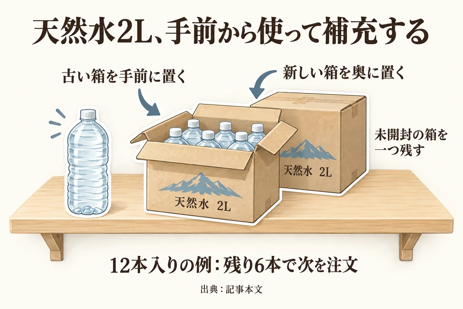天然水2Lを手前から使って補充する図。古い箱を手前、新しい箱を奥に置き、未開封の箱を一つ残す。12本入りなら残り6本で次を注文する例。出典：記事本文