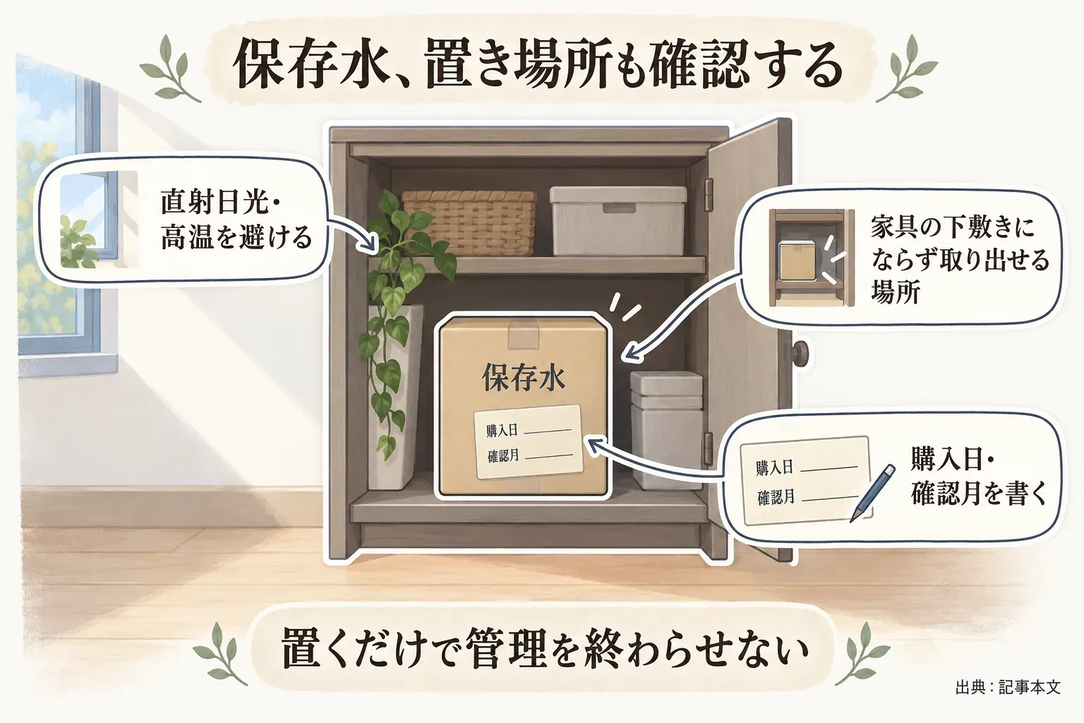 保存水の置き場所を確認する図。クローゼット内の保存水に購入日と確認月を書き、直射日光・高温を避け、家具の下敷きにならず取り出せる場所に置く。出典：記事本文