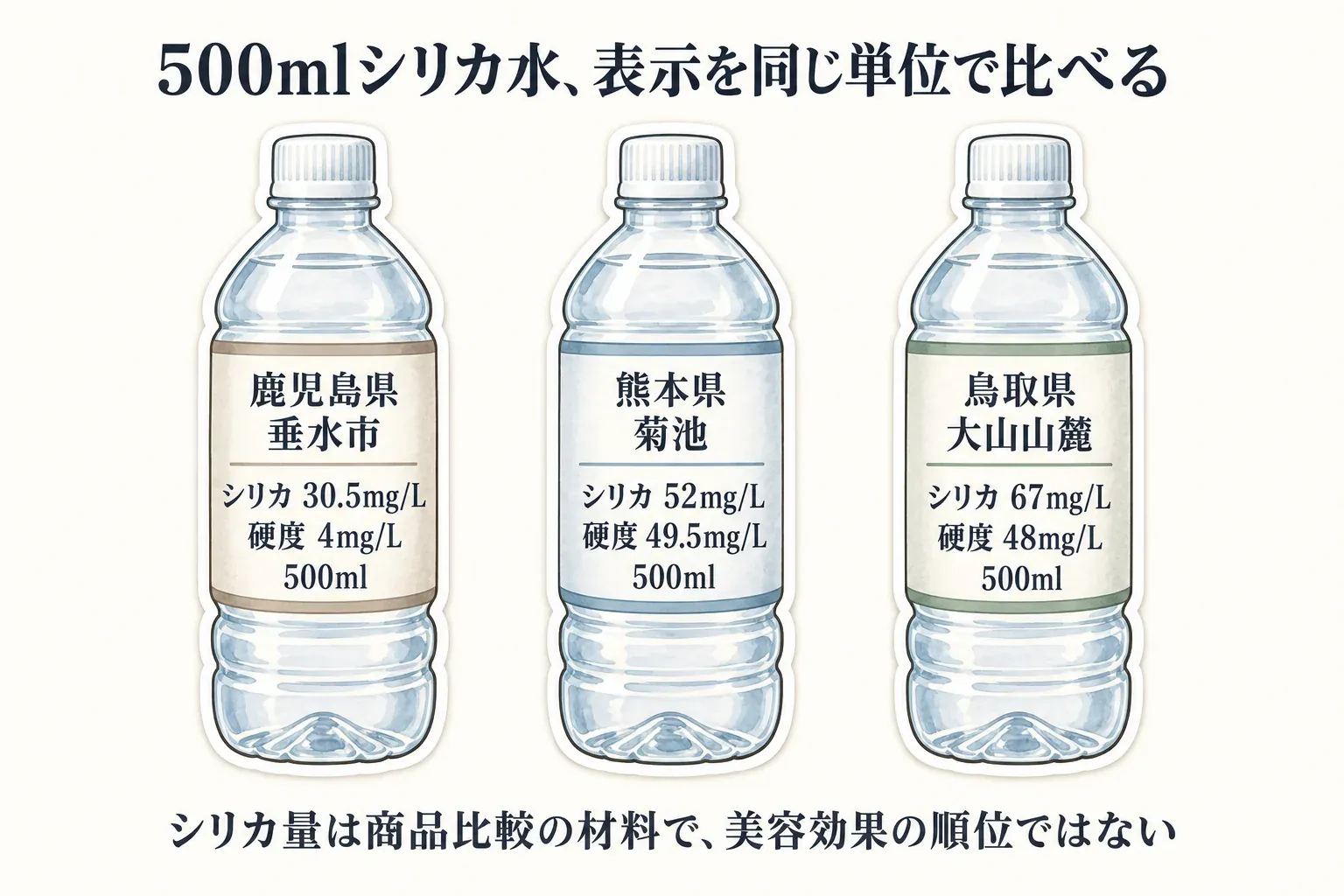 500mlシリカ水3商品の表示を同じ単位で比べる図。鹿児島県垂水市はシリカ30.5mg/L・硬度4mg/L、熊本県菊池はシリカ52mg/L・硬度49.5mg/L、鳥取県大山山麓はシリカ67mg/L・硬度48mg/Lで、シリカ量は商品比較の材料であり美容効果の順位ではないことを示す