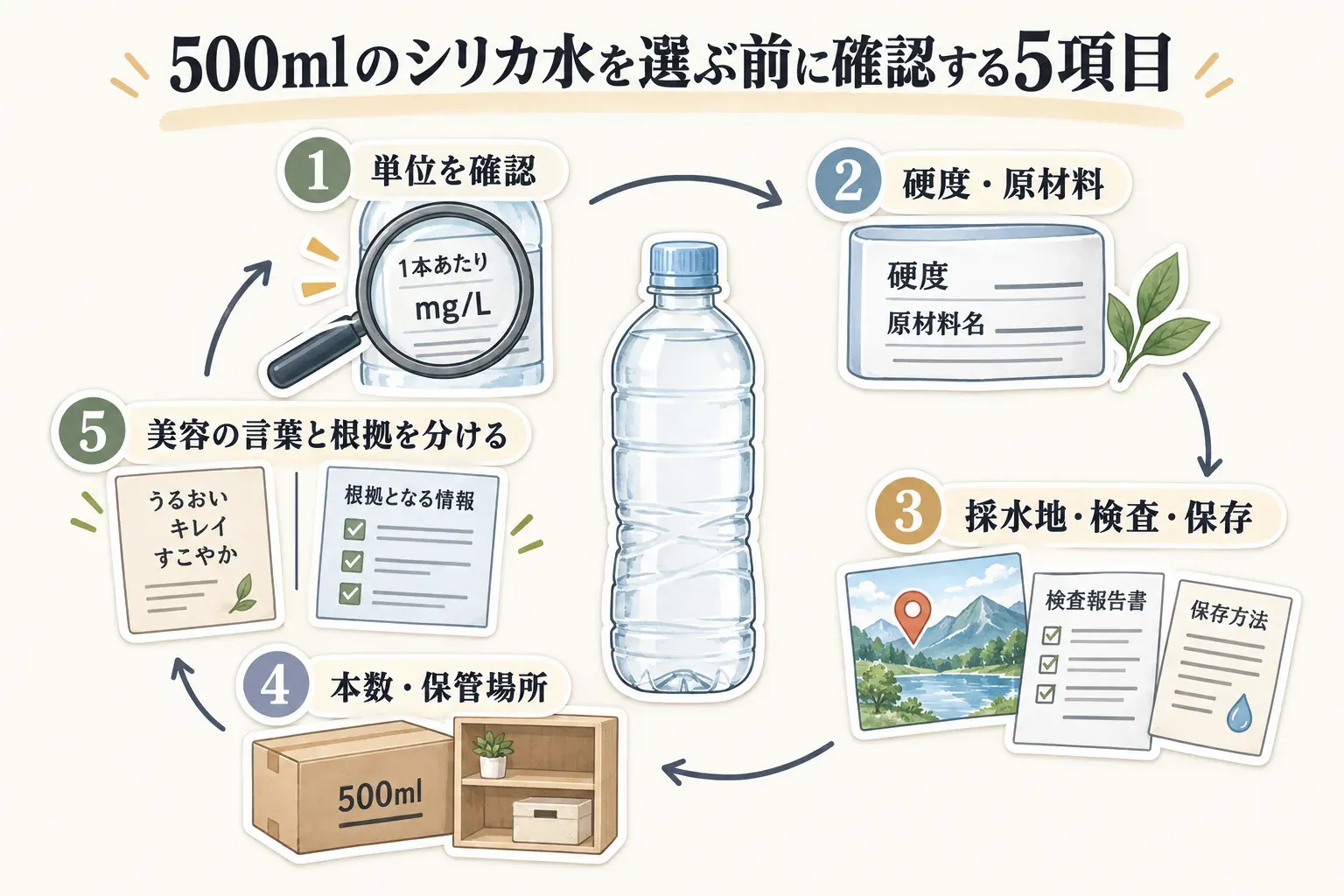 500mlシリカ水を選ぶ際の5つの表示確認項目を示す図。シリカの数値と単位、硬度と原材料名、採水地・検査情報・保存方法、ケース本数とラベル・保管場所、美容や若返りをうたう言葉と成分表示・根拠を分けて確認する