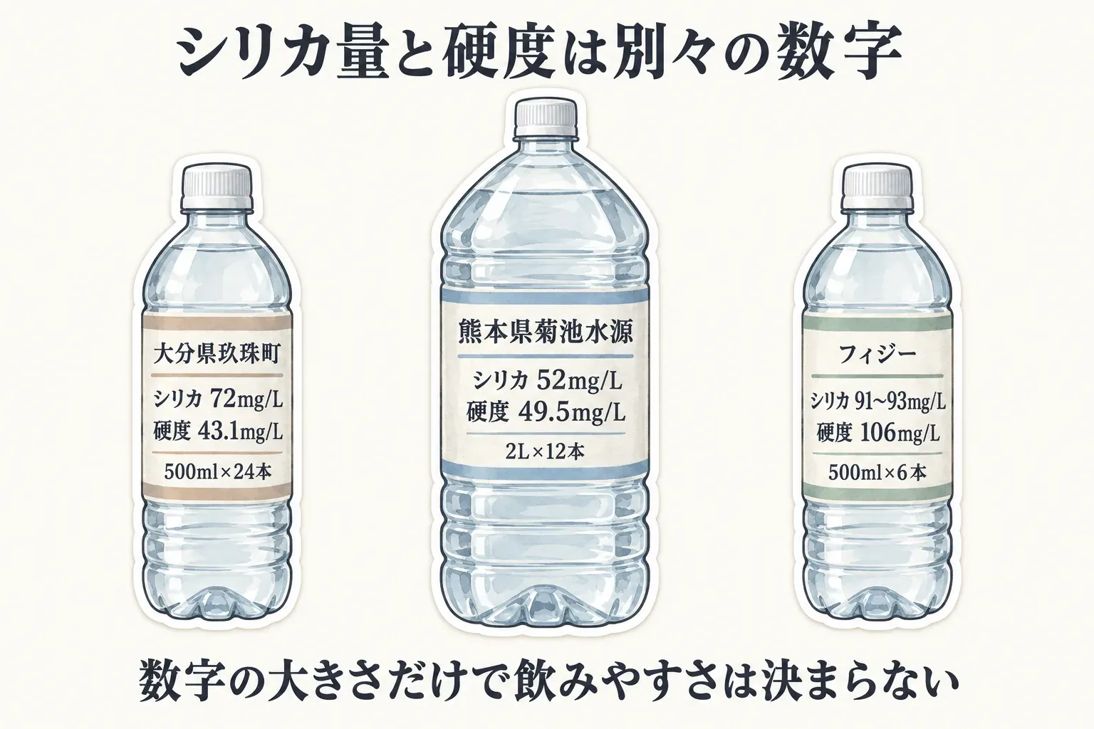 シリカ量と硬度は別々の数字であることを示す図。大分県玖珠町はシリカ72mg/L・硬度43.1mg/L・500ml×24本、熊本県菊池水源はシリカ52mg/L・硬度49.5mg/L・2L×12本、フィジーはシリカ91〜93mg/L・硬度106mg/L・500ml×6本と表示され、数字の大きさだけで飲みやすさは決まらないことを示す