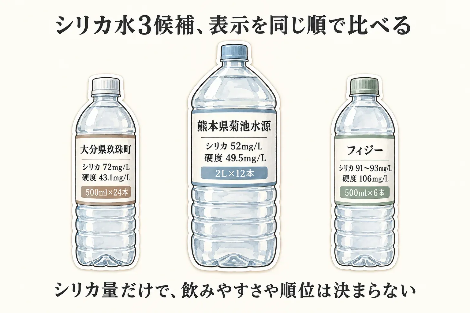 シリカ水3商品の成分表示を比べる図。大分県玖珠町はシリカ72mg/L・硬度43.1mg/L・500ml、熊本県菊池水源はシリカ52mg/L・硬度49.5mg/L・2L、フィジーはシリカ91〜93mg/L・硬度106mg/L・500mlで、シリカ量・硬度・容量を一緒に確認することを示す