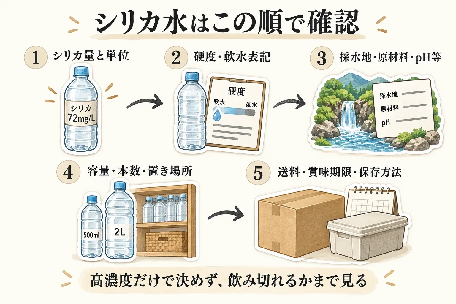 シリカ水の商品ページで確認する5項目を順に示す図。1はシリカ量と単位、2は硬度・軟水表記、3は採水地・原材料・pH等、4は容量・本数・置き場所、5は送料・賞味期限・保存方法で、高濃度だけで決めず飲み切れるかまで確認する