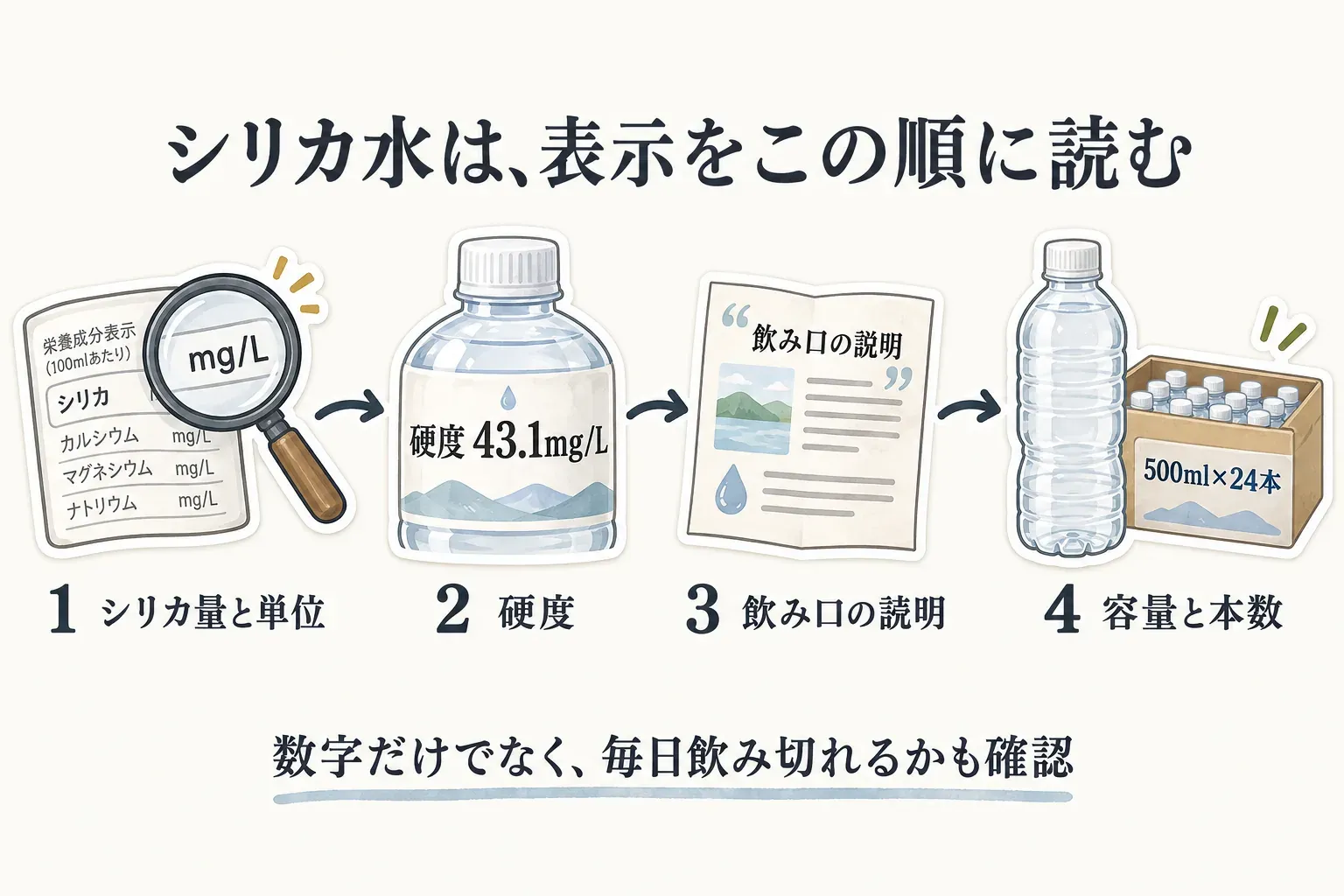 シリカ水の商品ページを読む順番を示す図。1はシリカ量の数値と単位、2は硬度と軟水・中硬水の表記、3は採水地・原材料名・pH・カルシウム・マグネシウム、4は容量・本数・置き場所、5は送料・賞味期限・保存方法・ラベルの有無を確認する