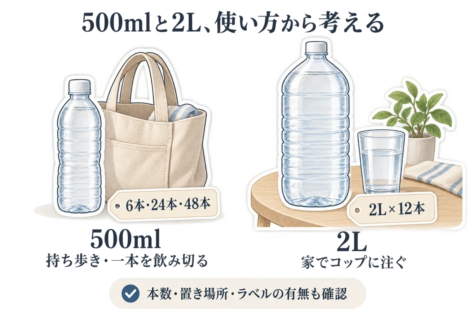 シリカ水の容量と容器の選び方を示す図。500mlは持ち歩きや飲み切り向きで6本・24本・48本の本数を確認し、2Lは家でコップに注ぐ用途で箱の置き場所と飲み切るペースを確認する。ラベルの有無は捨てる前の分別のしやすさに関わることも示している