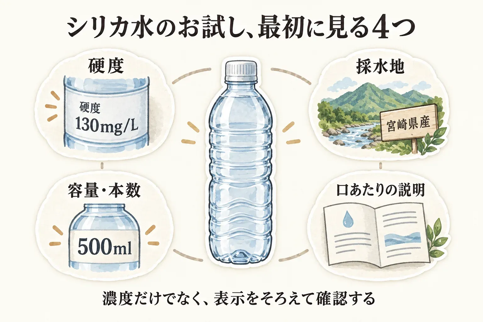 シリカ水のお試しで最初に確認する4項目を示す図。硬度130mg/L、採水地の例として宮崎県産、容量・本数の例として500ml、口あたりの説明をそろえて確認し、濃度だけで選ばないことを案内している