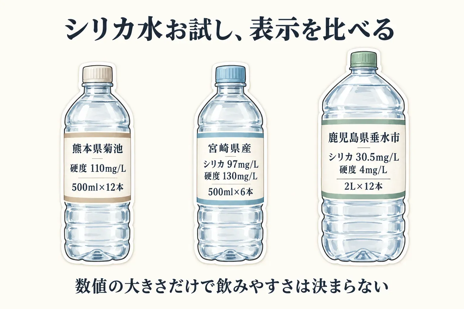 シリカ水お試し3商品の表示を比べる図。熊本県菊池は硬度110mg/L・500ml×12本、宮崎県産はシリカ97mg/L・硬度130mg/L・500ml×6本、鹿児島県垂水市はシリカ30.5mg/L・硬度4mg/L・2L×12本で、数値の大きさだけで飲みやすさは決まらないことを示す