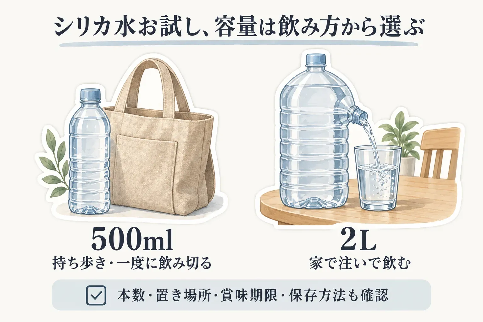 シリカ水のお試しの容量を飲み方で選ぶ図。500mlは持ち歩きや一度に飲み切る用途、2Lは家で注いで飲む用途として示し、本数・置き場所・賞味期限・保存方法も確認するよう案内している