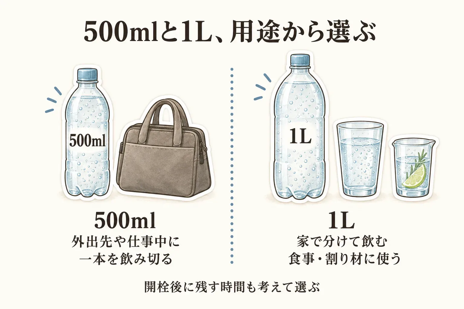 強炭酸水の容量を用途で選ぶ図。500mlは外出先や仕事中に一本を飲み切る用途、1Lは家で分けて飲む・食事や割り材に使う用途に示し、開栓後に残す時間も考えて選ぶ