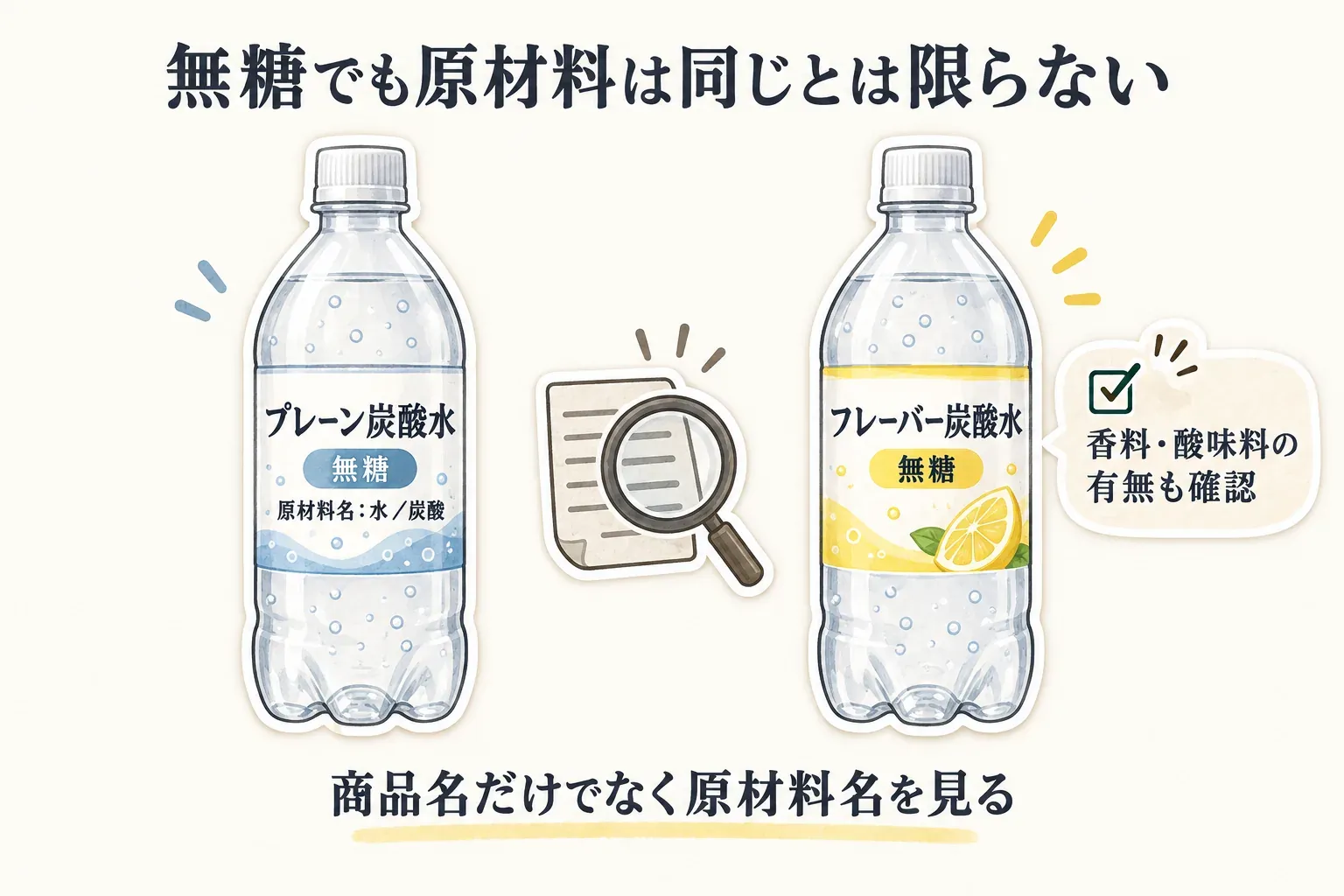 無糖・ゼロカロリーという商品名だけで選ばず、原材料名と栄養成分表示を確認する無糖炭酸水の選び方を示す図。栄養成分表示では熱量、たんぱく質、脂質、炭水化物、食塩相当量を確認する