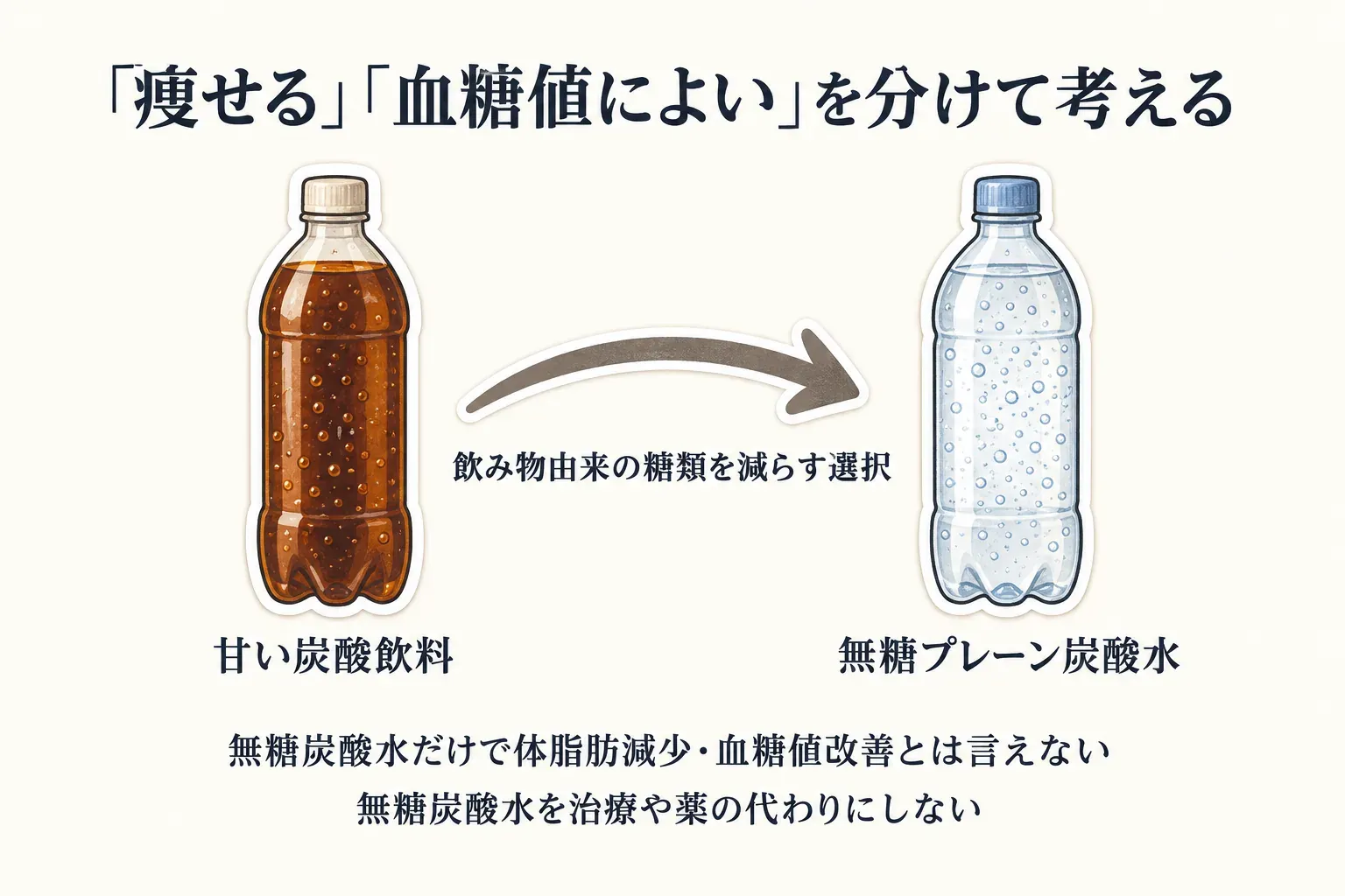 無糖プレーン炭酸水について、甘い飲料から置き換えて飲料由来の糖類やエネルギーを減らす選択と、『飲むだけで痩せる』『血糖値を下げる』という効果の主張を分けて考える図。治療や薬の代わりにはしないことを示す
