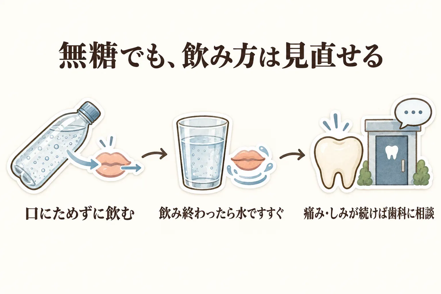 無糖炭酸水の歯に配慮した飲み方を示す図。口にためずに飲み、飲み終わったら水ですすぎ、痛みやしみが続くときは歯科に相談する