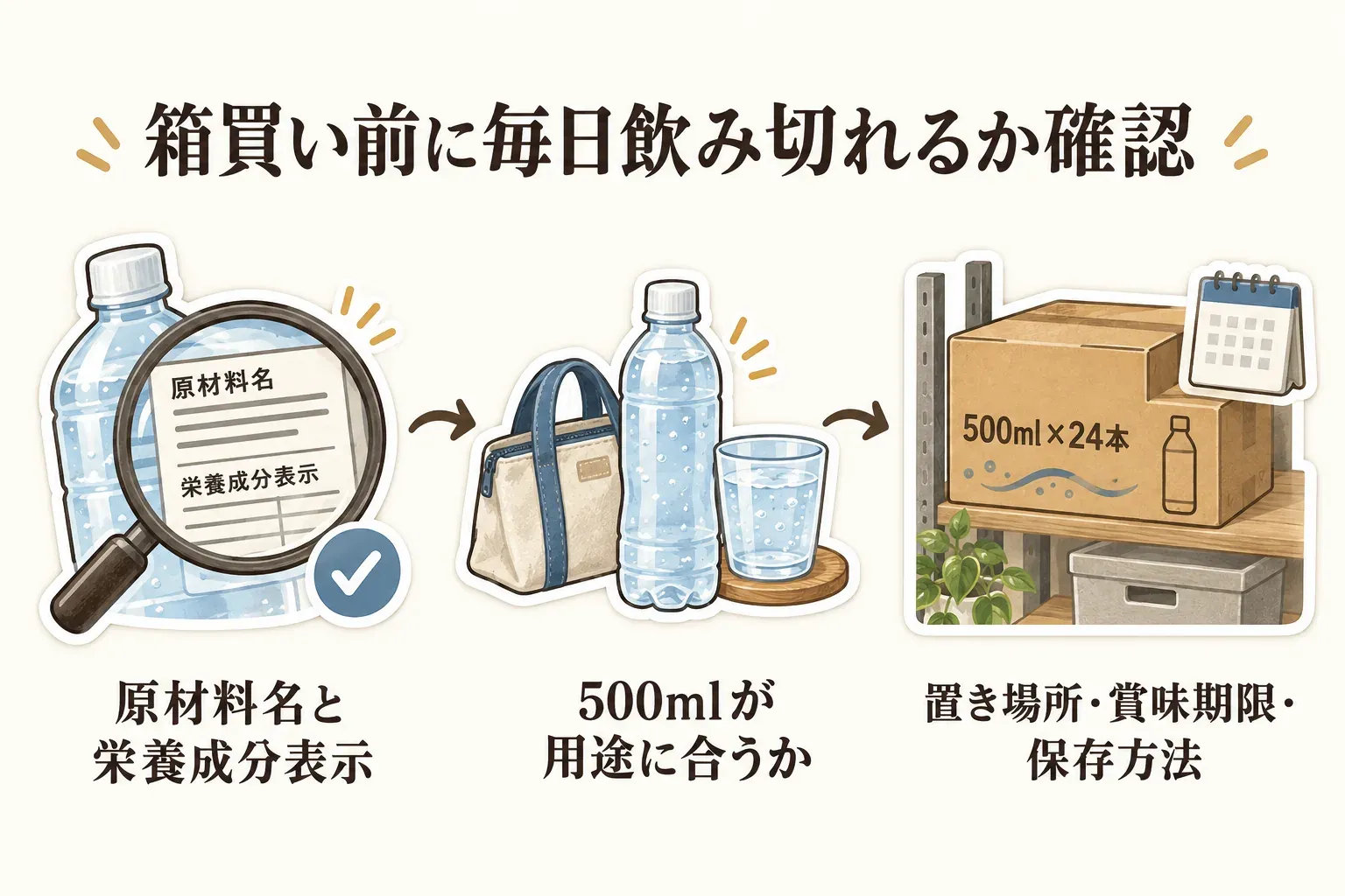 無糖プレーン炭酸水を箱買いする前の確認図。原材料名と栄養成分表示、500mlが用途に合うか、箱の置き場所・賞味期限・保存方法を確認する