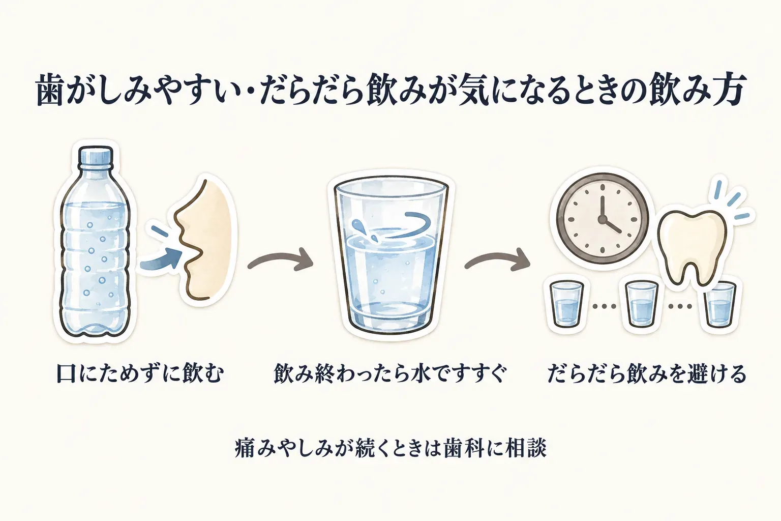 無糖炭酸水を歯に配慮して飲む工夫を示す図。酸味のあるフレーバーを長時間だらだら飲まず、食事中や決めた時間に飲み、水をはさむ